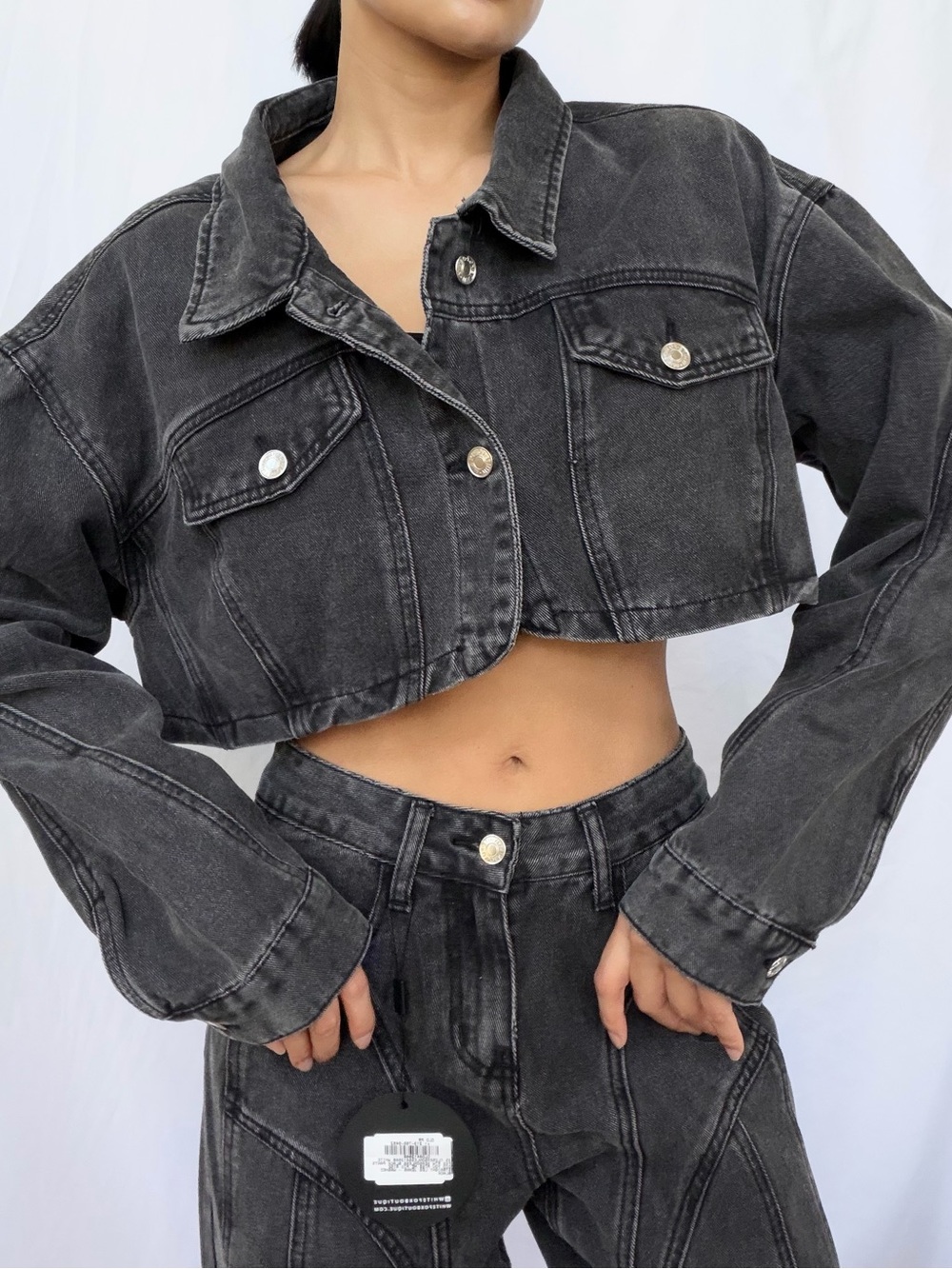 NWT White Fox Love You Again Cropped Denim Jacket Washed Black M/L